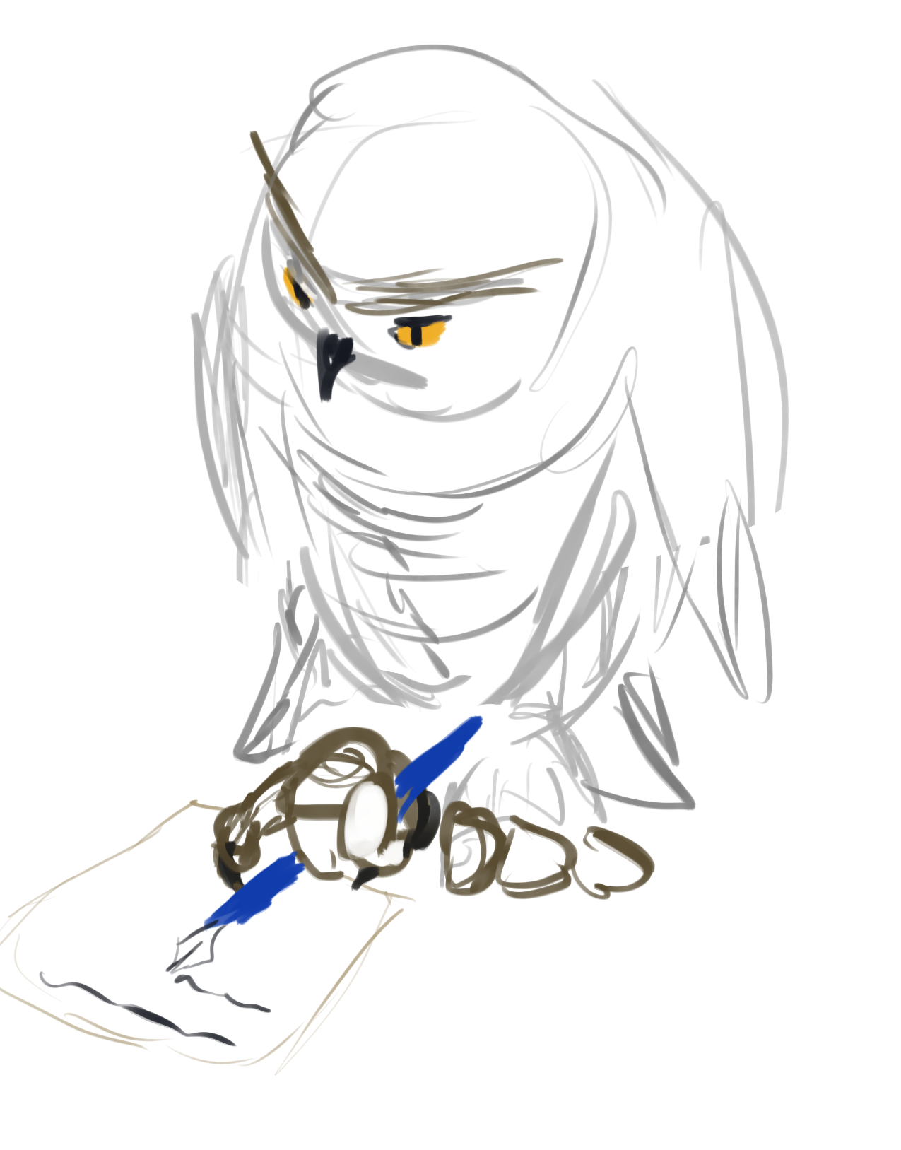 A roughly sketched owl is writing with a blue fountain pen in its talons. It is holding tightly with the two inner digits while using the opposable outer digit for control.