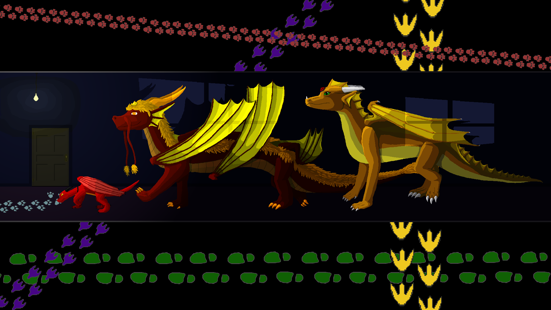 A small, red western dragon (Dav), a floofy red and yellow noodle dragon (Rav), and a yellow western dragon (Mehl) are walking through a darkened hallway. 

Moonlight shines in through unseen windows, casting fragmented sihouettes on the wall beside the dragons.

At the far left end, there is a bare lightbulb hanging above a door, providing a dim glow. A trail of paw-like footprints in light blue comes from off-camera to the left and leads immediately up to the door. Dav is sniffing these footprints. He's found a clue!

Above and below this scene, there's an abstract border of colored footprints in different styles and sizes walking across a black background.